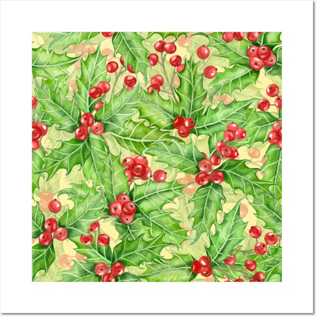 Holly berry watercolor Christmas pattern Wall Art by katerinamk